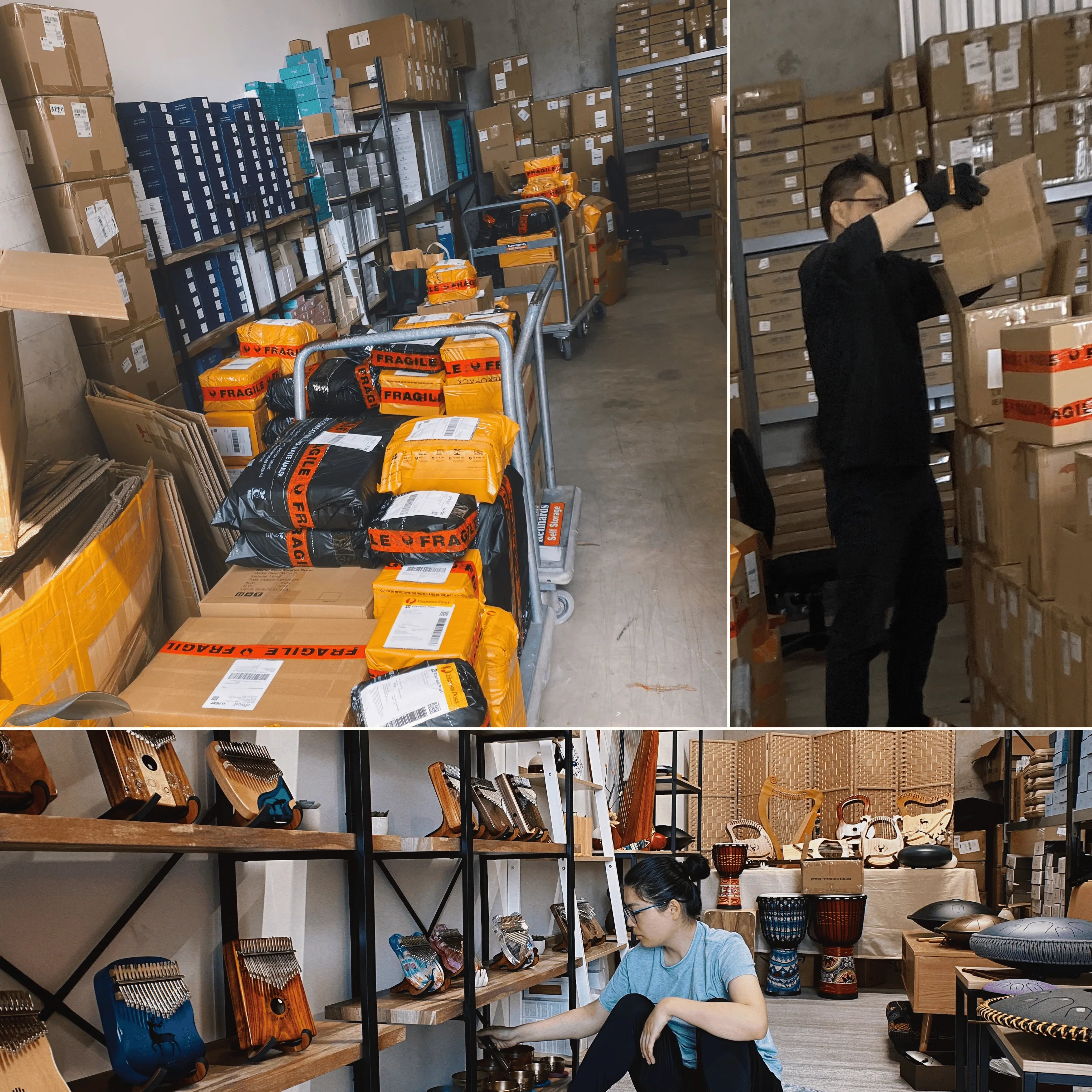 Warehouse staff packing healing musical instruments like kalimbas, handpans, and tongue drums for Australia-wide shipping
