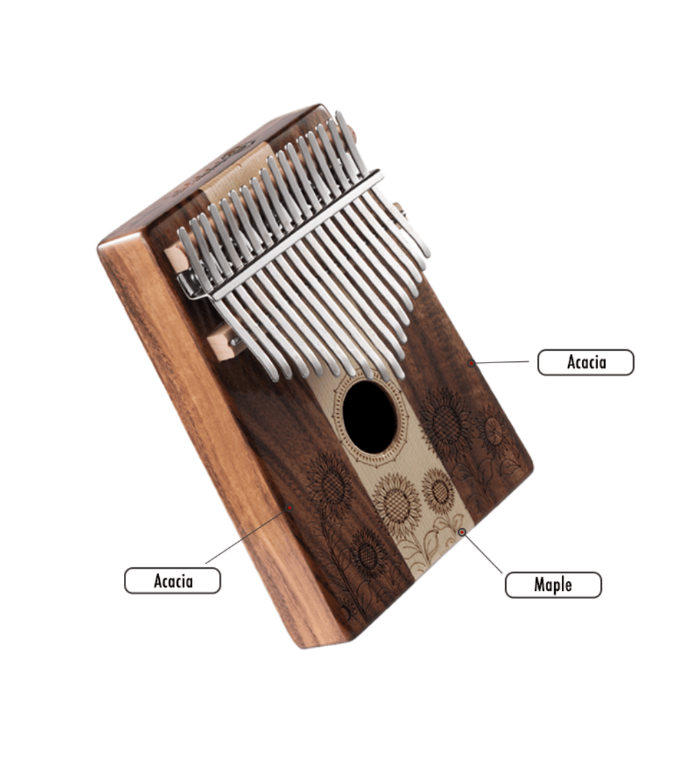 Acacia and maple kalimba with sunflower engraving, 17-key thumb piano for healing music