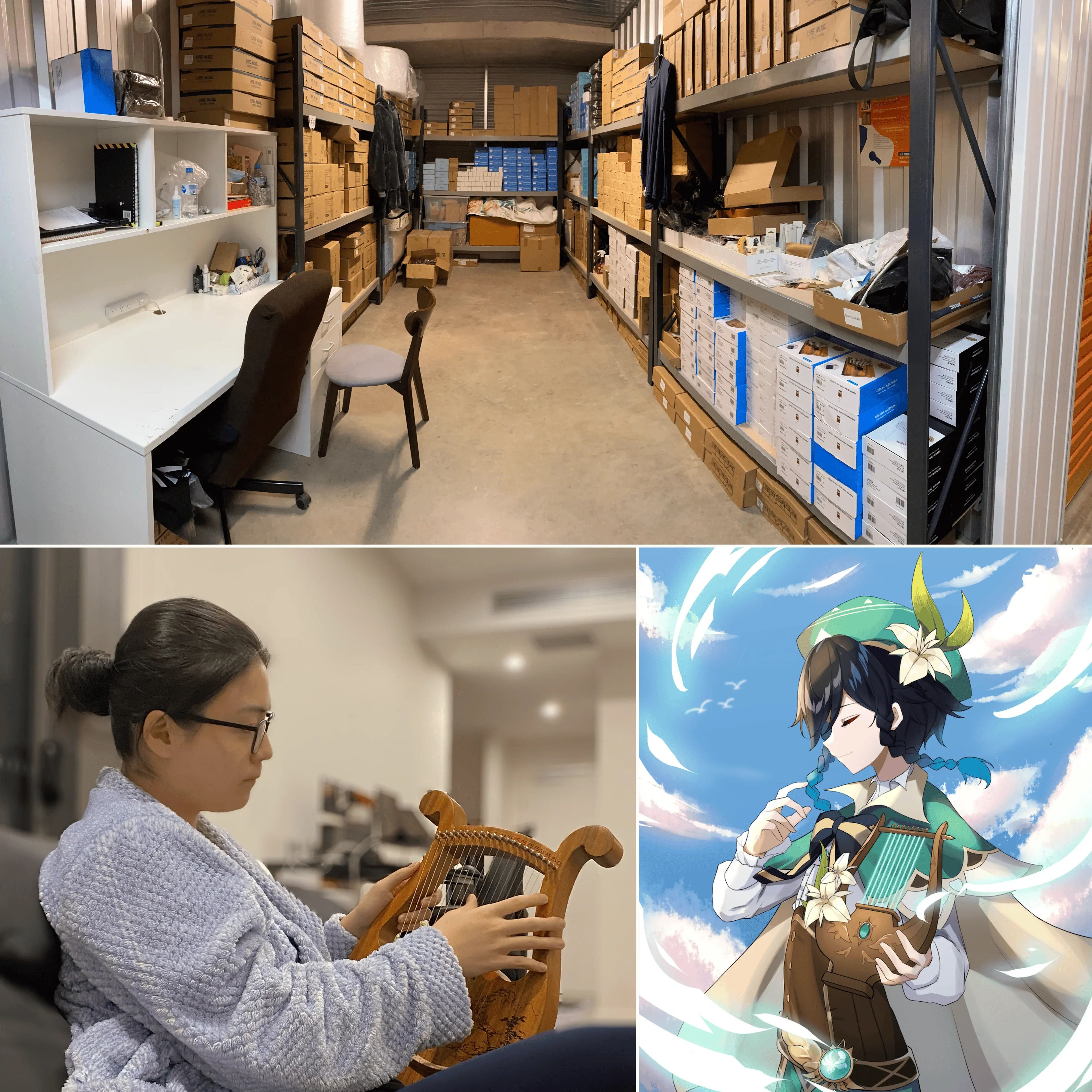 Woman playing lyre harp beside anime character illustration, warehouse with kalimba boxes