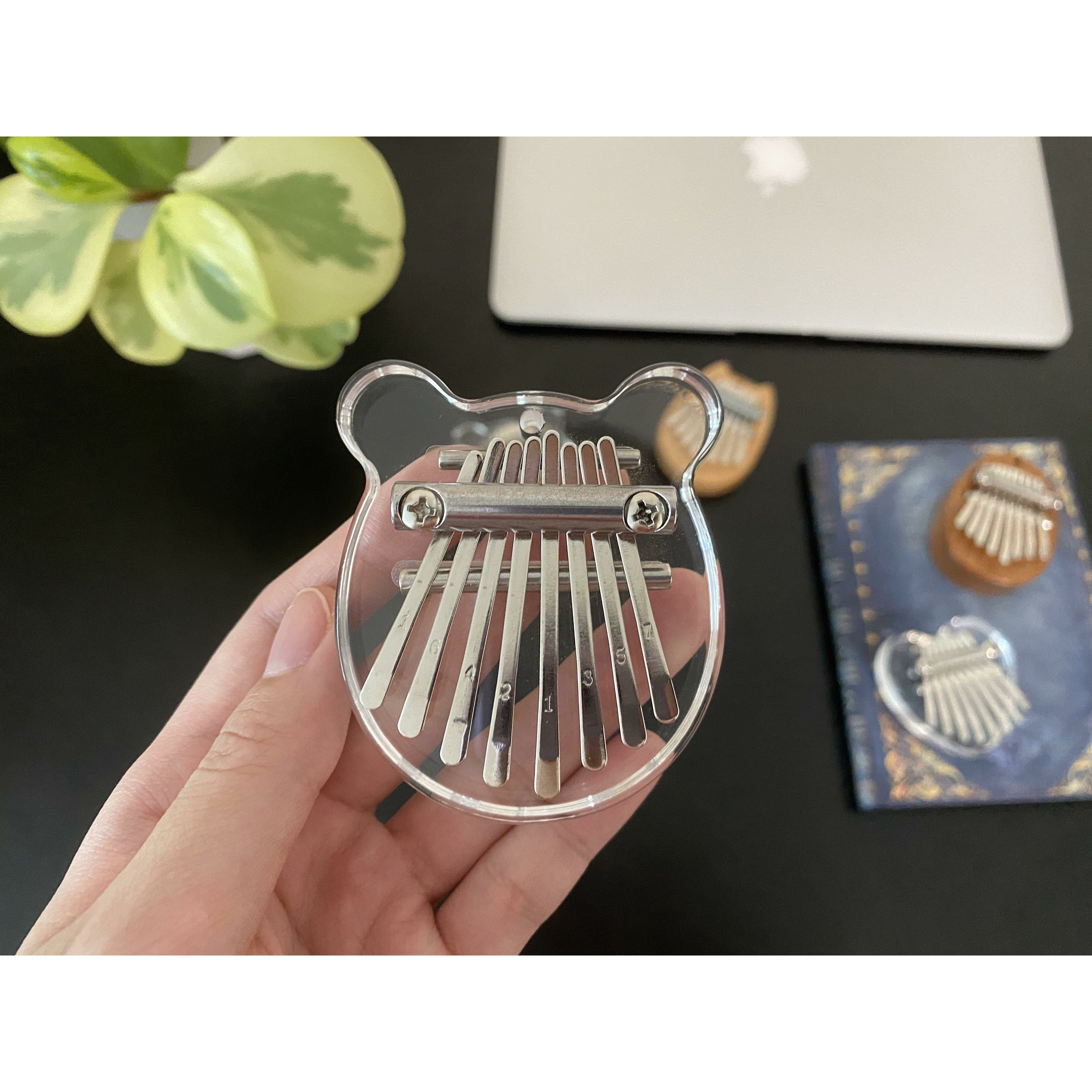 Clear acrylic mini kalimba with numbered tines, held in hand beside decorative box and plant