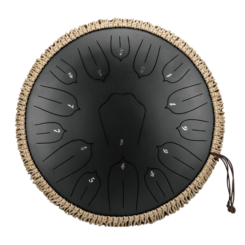 Black handpan drum with numbered tone fields and woven edge, ideal for healing and meditation music