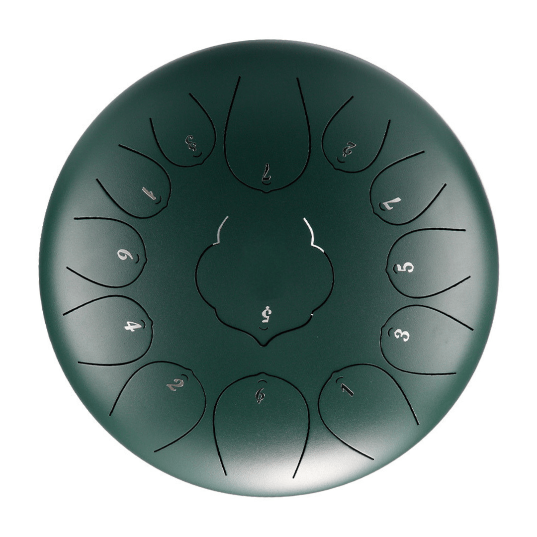 Dark green tongue drum with numbered notes, ideal for meditation and healing sound therapy