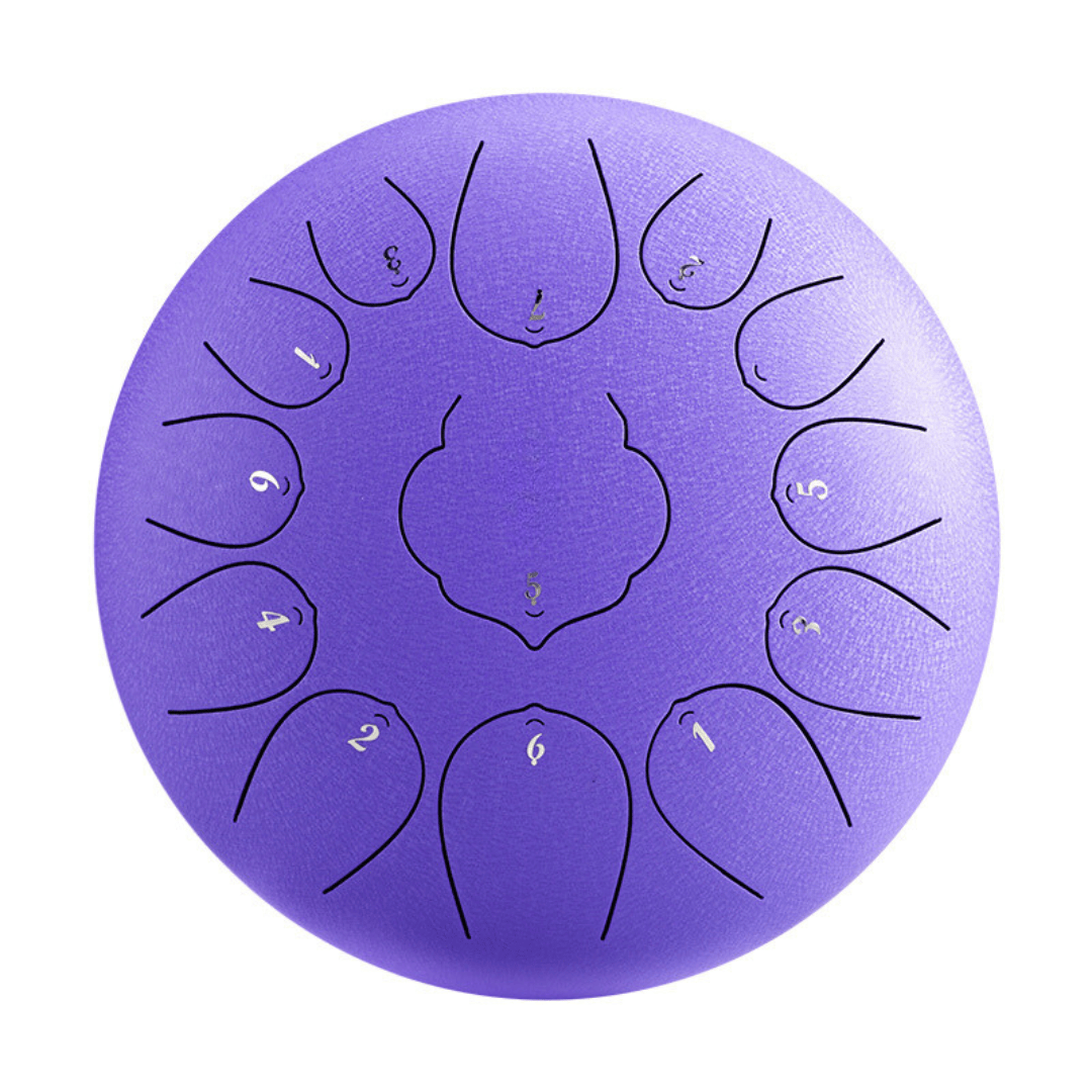 Purple steel tongue drum with numbered notes for healing sound therapy and meditation music