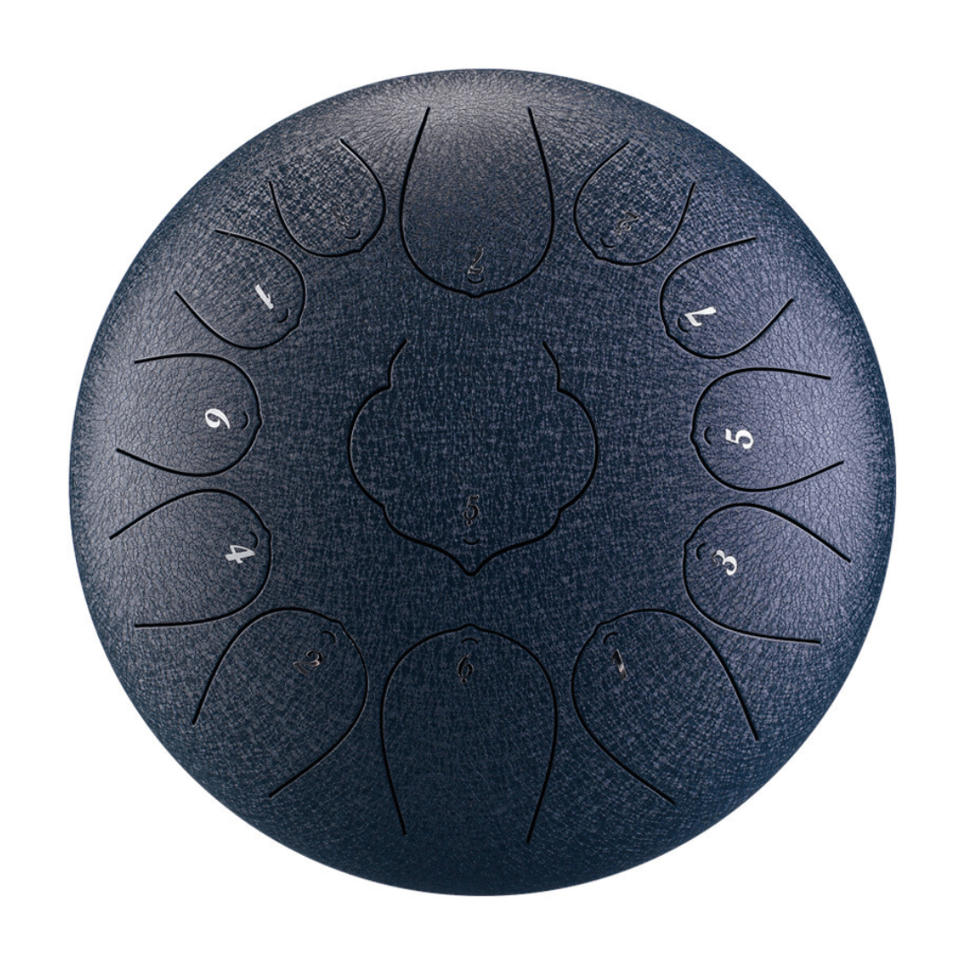 Dark blue handpan with numbered tone fields, ideal for healing and meditation music