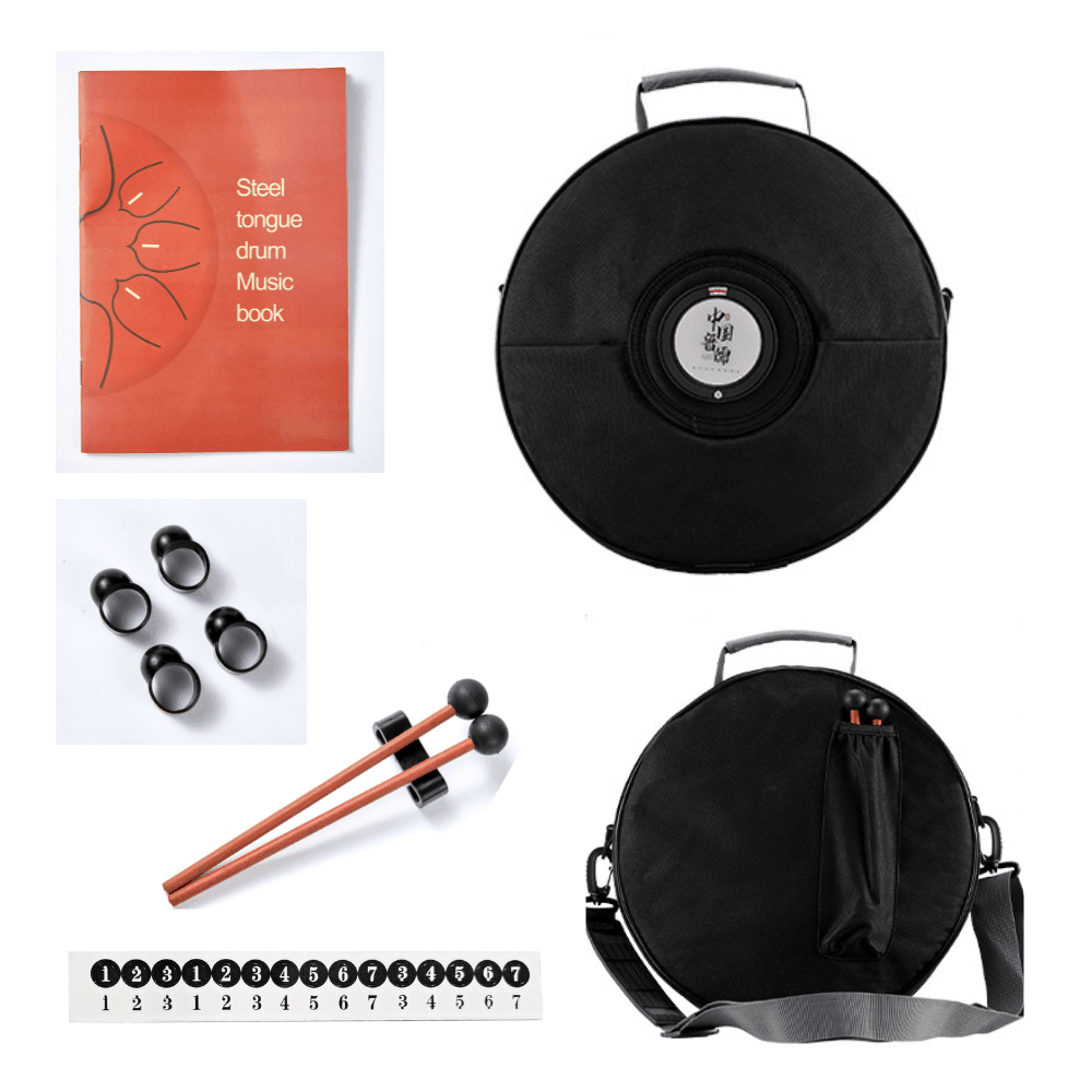 Steel tongue drum with carrying bag, mallets, music book, and note guide for healing sound therapy