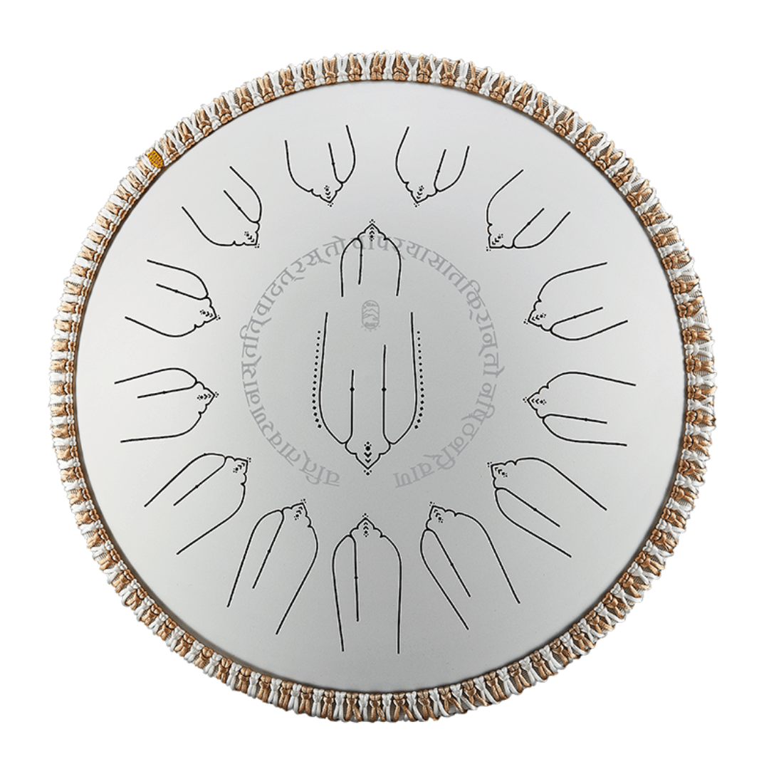 Top-down view of white Hluru EQ Titanium Steel Tongue Drum 15 Notes 14'' with engraved note tongues and rattan edge detail.