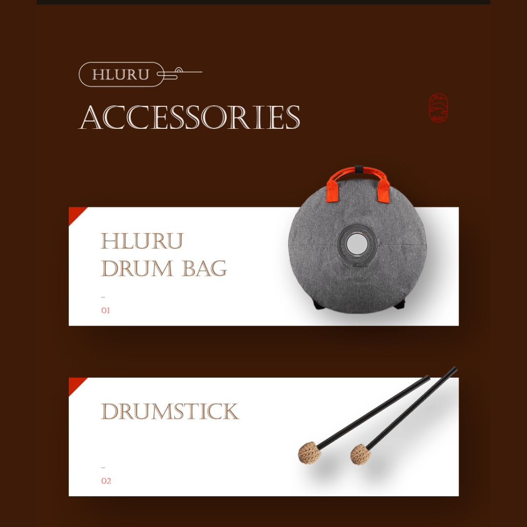 Hluru EQ Ethereal Drum accessories including padded carry bag and drumsticks.