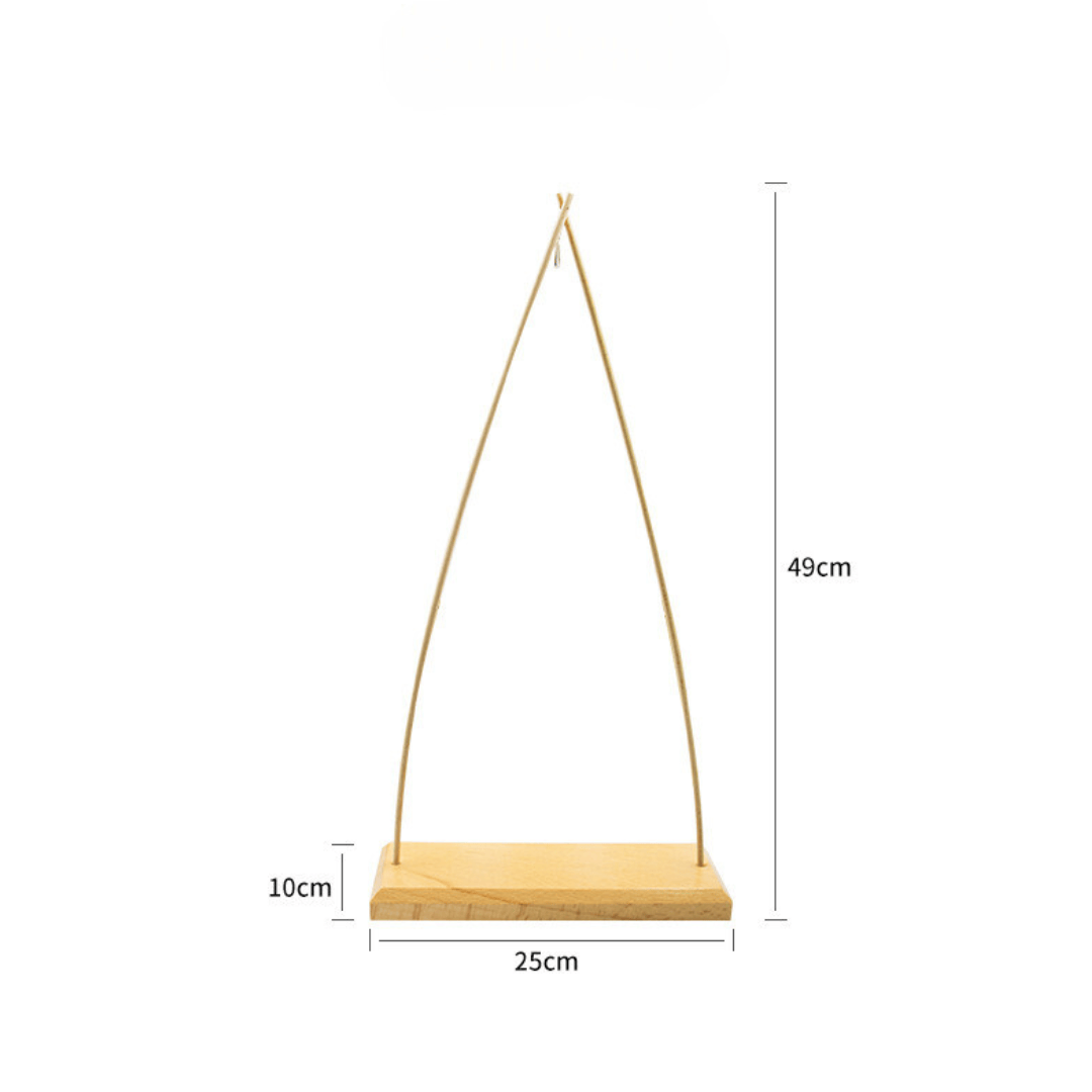 Wooden handpan stand with dimensions: 49cm height, 25cm base, 10cm depth — ideal for handpan or tongue drum display.