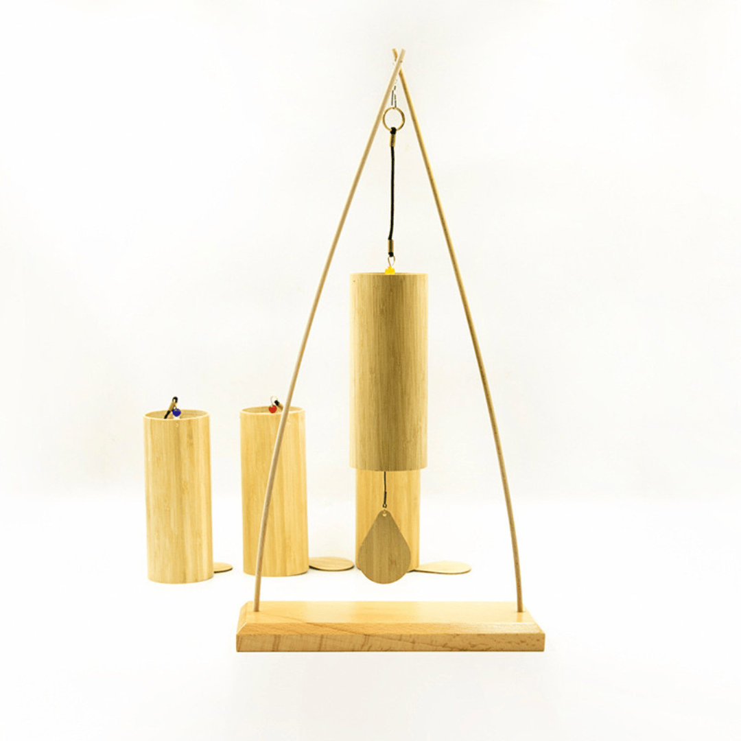 Bamboo wind chime with wooden stand, soothing musical instrument for peace and relaxation
