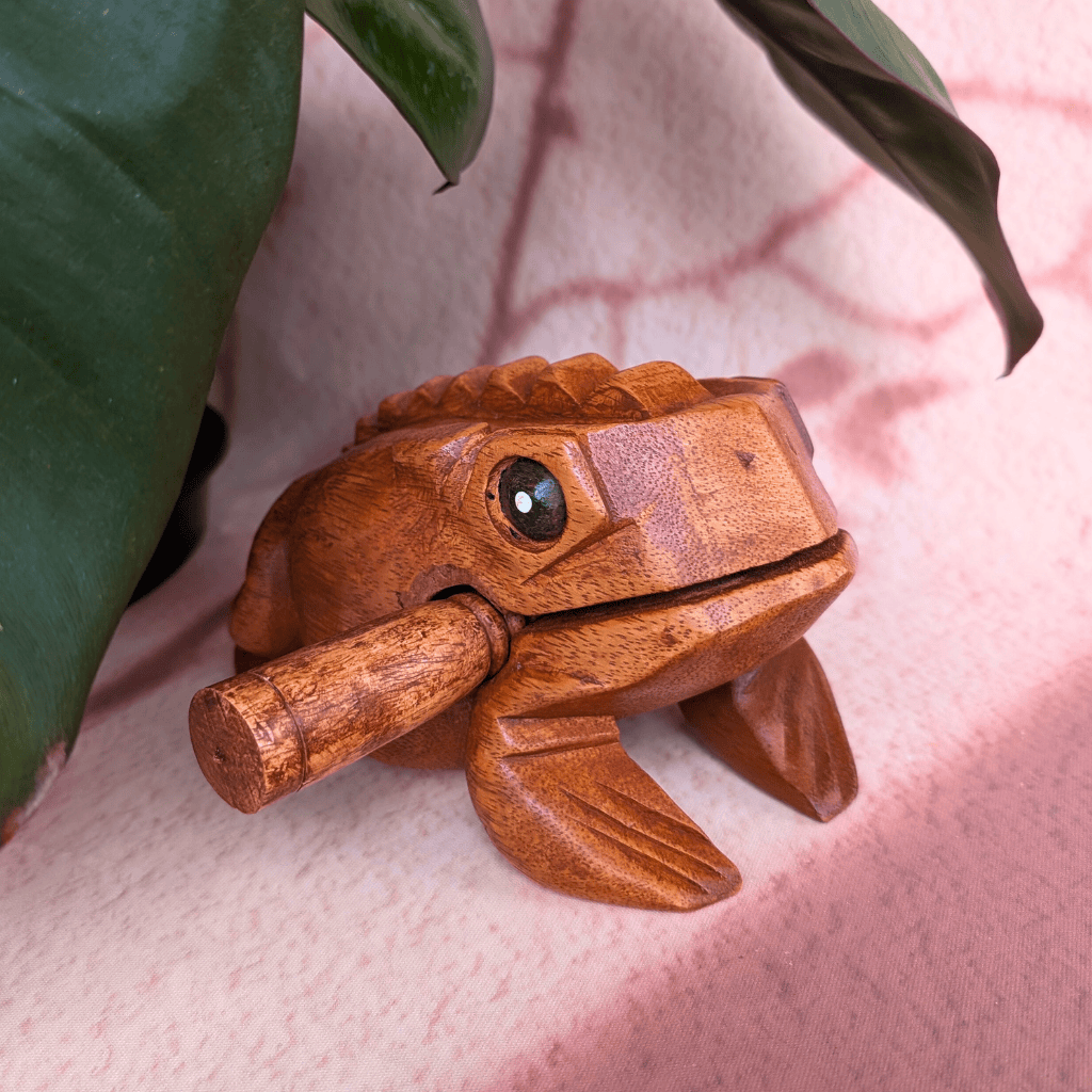 Hand-carved wooden frog percussion instrument with glass eye, nestled beside green leaf on pink fabric