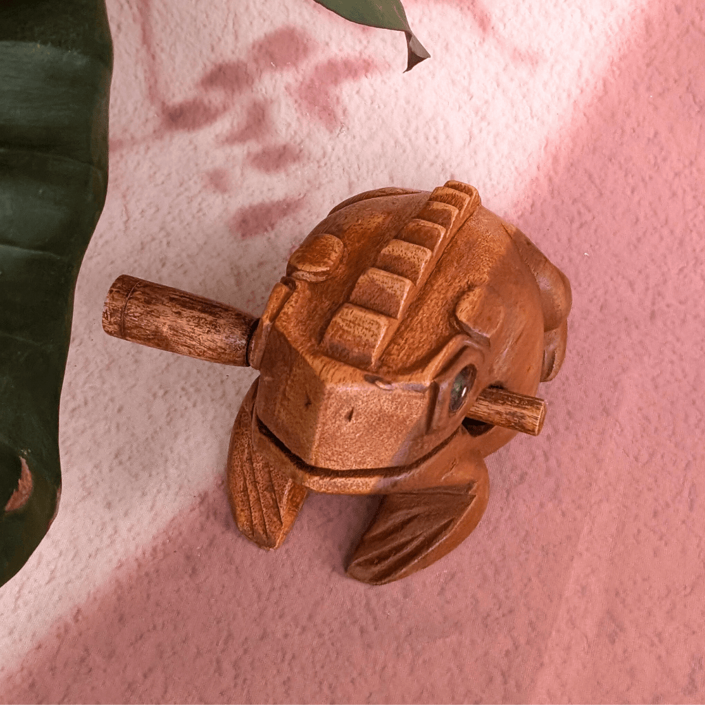 Hand-carved wooden frog percussion instrument with natural wood grain, set against pink wall with leaf shadow