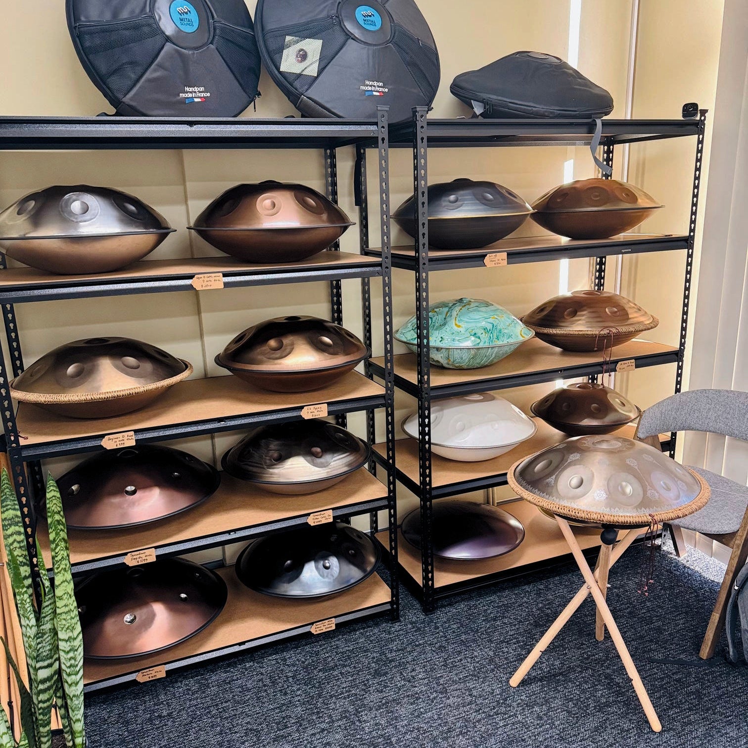 Handpans displayed in the Melodic Forest showroom in Villawood, Sydney