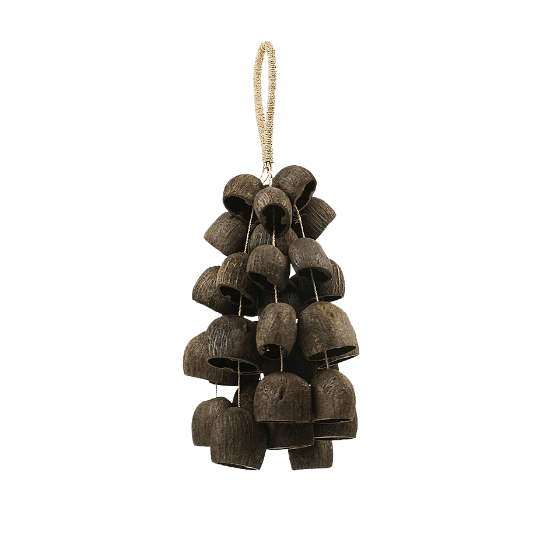 alin seed shell pod shaker with 9 strands of organic seed shells tied with natural cord.