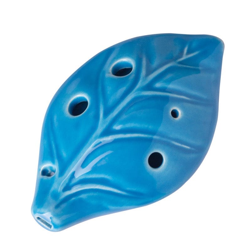 Blue leaf-shaped ocarina with embossed veins and finger holes, ceramic wind instrument for melodic play
