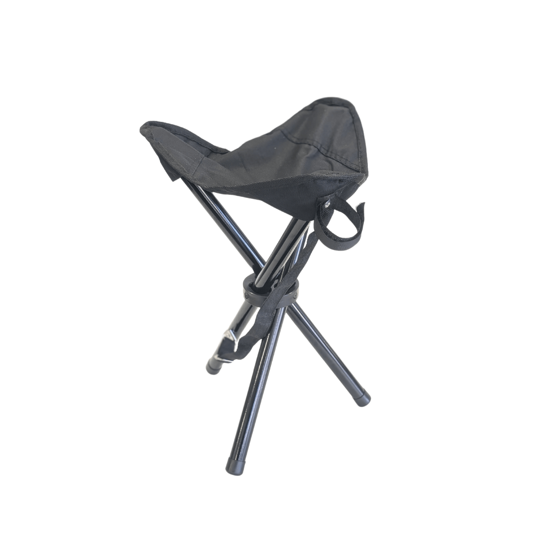 Portable black folding stool with fabric seat, ideal for outdoor music sessions or camping