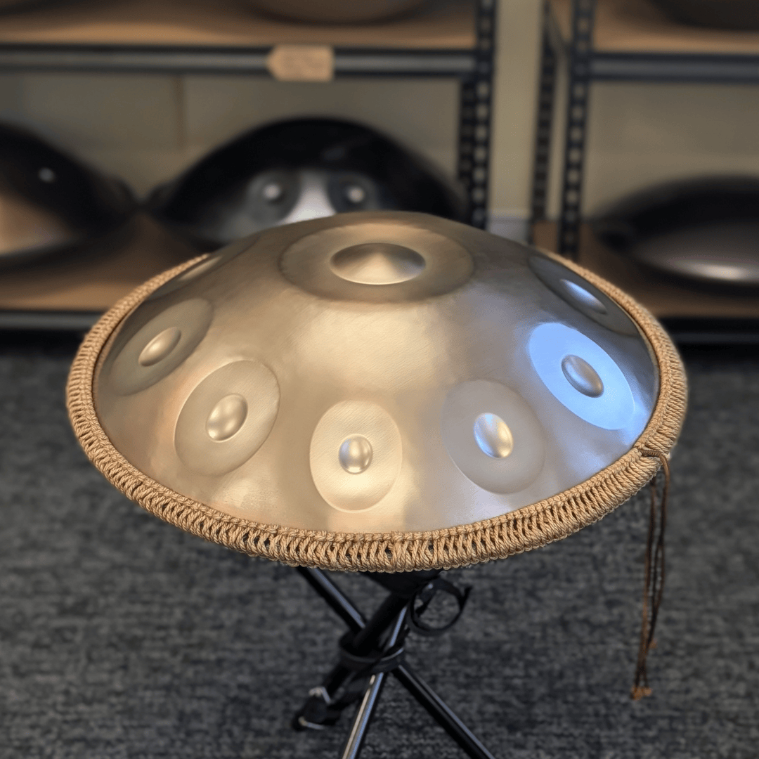 Buy beginner handpan in Australia – 55 cm Mandala 10-note D Kurd handpan, 432 Hz tuning, ideal beginner handpan for meditation, music therapy, acoustic performance, and creative expression.