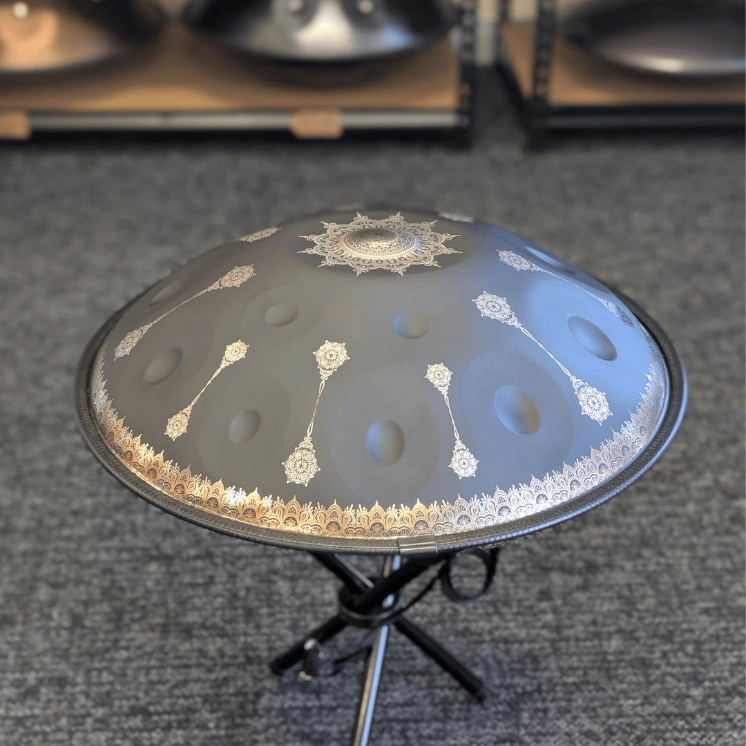Buy beginner handpan in Australia – 55 cm Mandala Black 10-note D Kurd handpan, 432 Hz tuning, ideal beginner handpan for meditation, music therapy, acoustic performance, and creative expression.