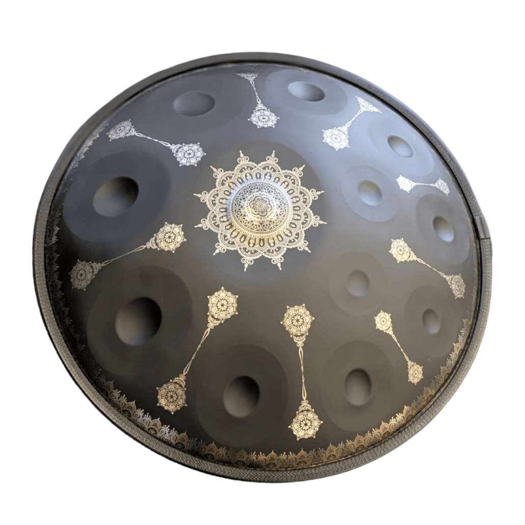 Buy beginner handpan in Australia – 55 cm Mandala Black 10-note D Kurd handpan, 432 Hz tuning, ideal beginner handpan for meditation, music therapy, acoustic performance, and creative expression.