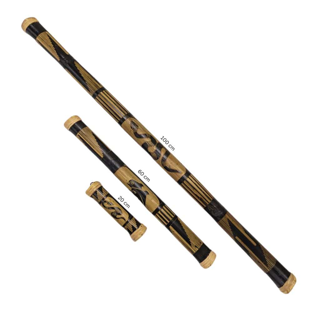 Handcrafted bamboo wind chimes in 20cm, 60cm, and 100cm sizes with black and gold designs
