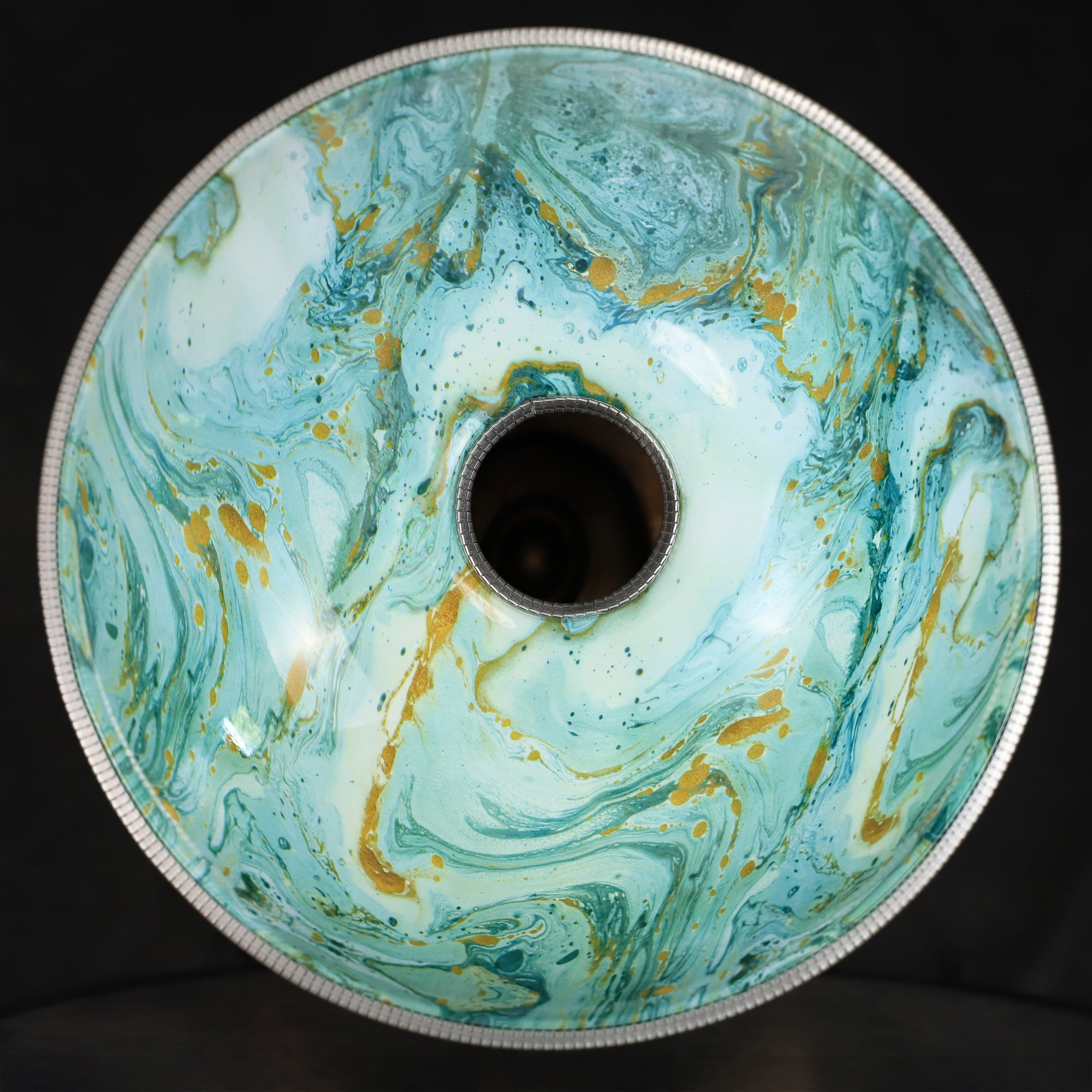 Handpan with turquoise and gold marbled finish, healing musical instrument for meditation and relaxation