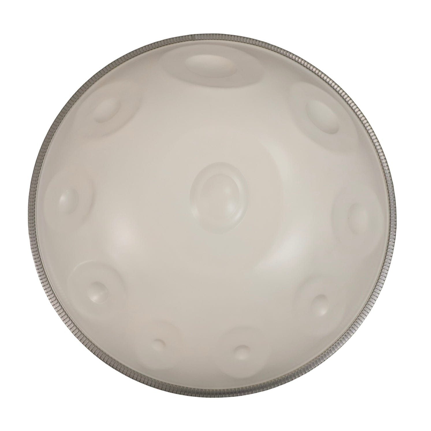 White handpan drum with metallic rim, healing musical instrument for meditation and relaxation