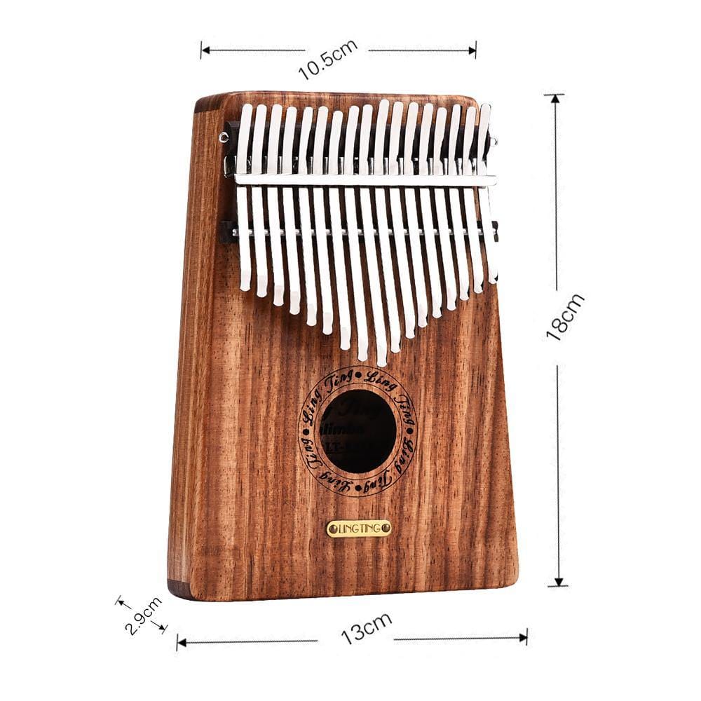 17-key kalimba thumb piano with wood grain, white tines, and sound hole, 18cm tall, healing musical instrument