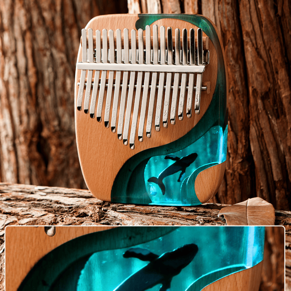 Wooden kalimba with whale resin art, handpan-style keys, nature-inspired design for healing music