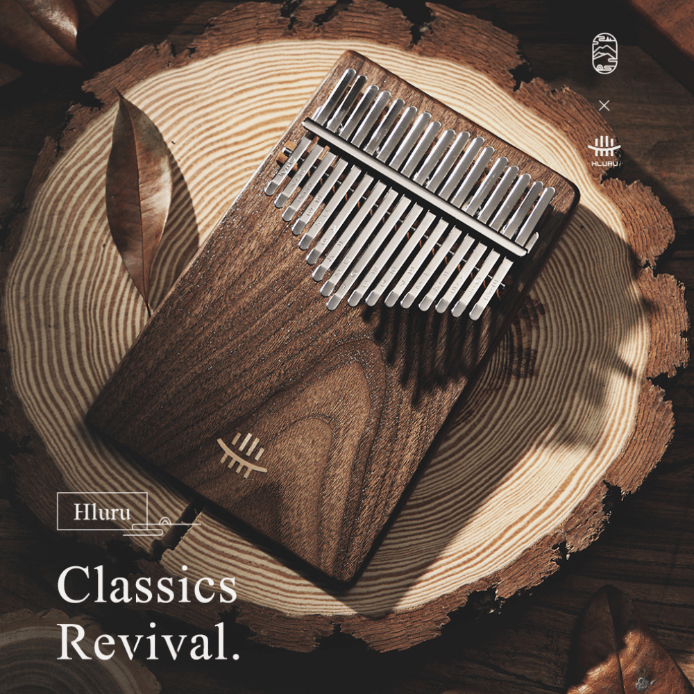 Hluru wooden kalimba on tree slice, natural healing instrument for peace and creativity