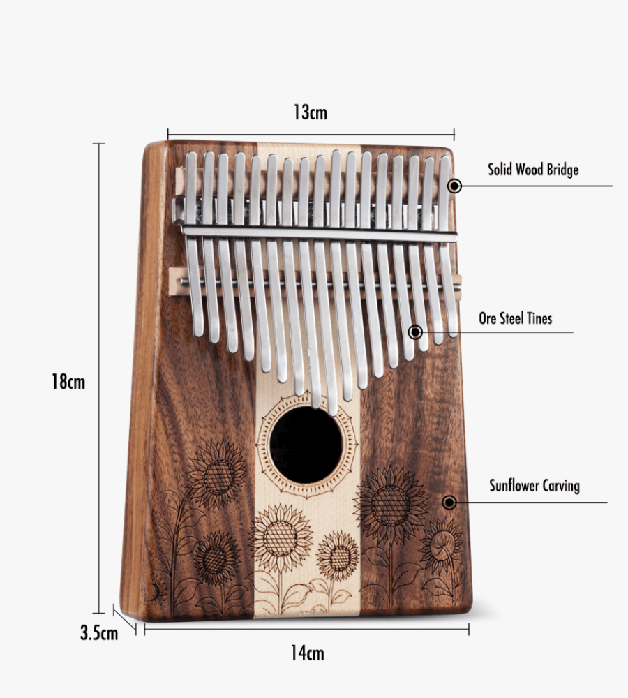 Handcrafted kalimba with sunflower carvings, solid wood bridge, and ore steel tines — 18cm healing musical instrument