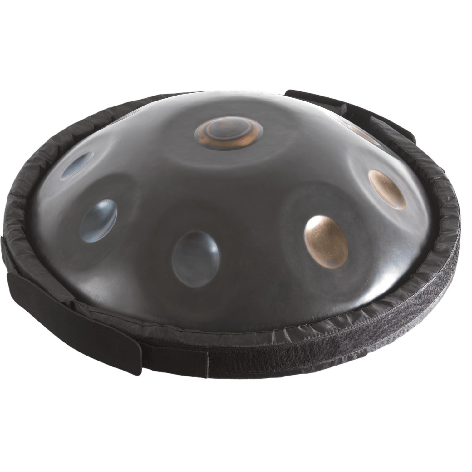 Handpan resting inside a protective padded case as a fit example