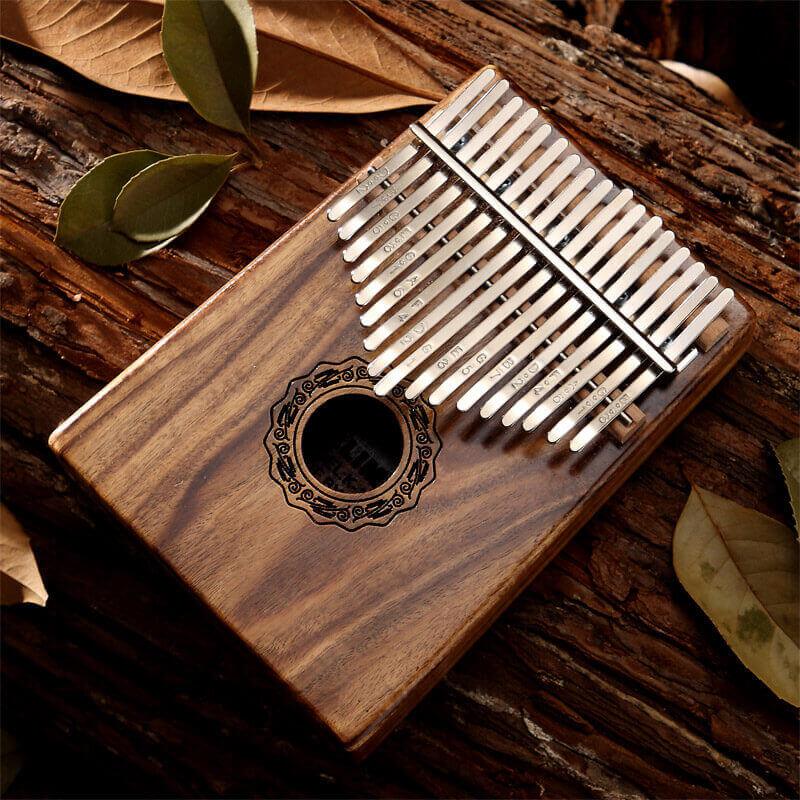 Wooden kalimba with metal tines and sound hole, resting on rustic wood with leaves