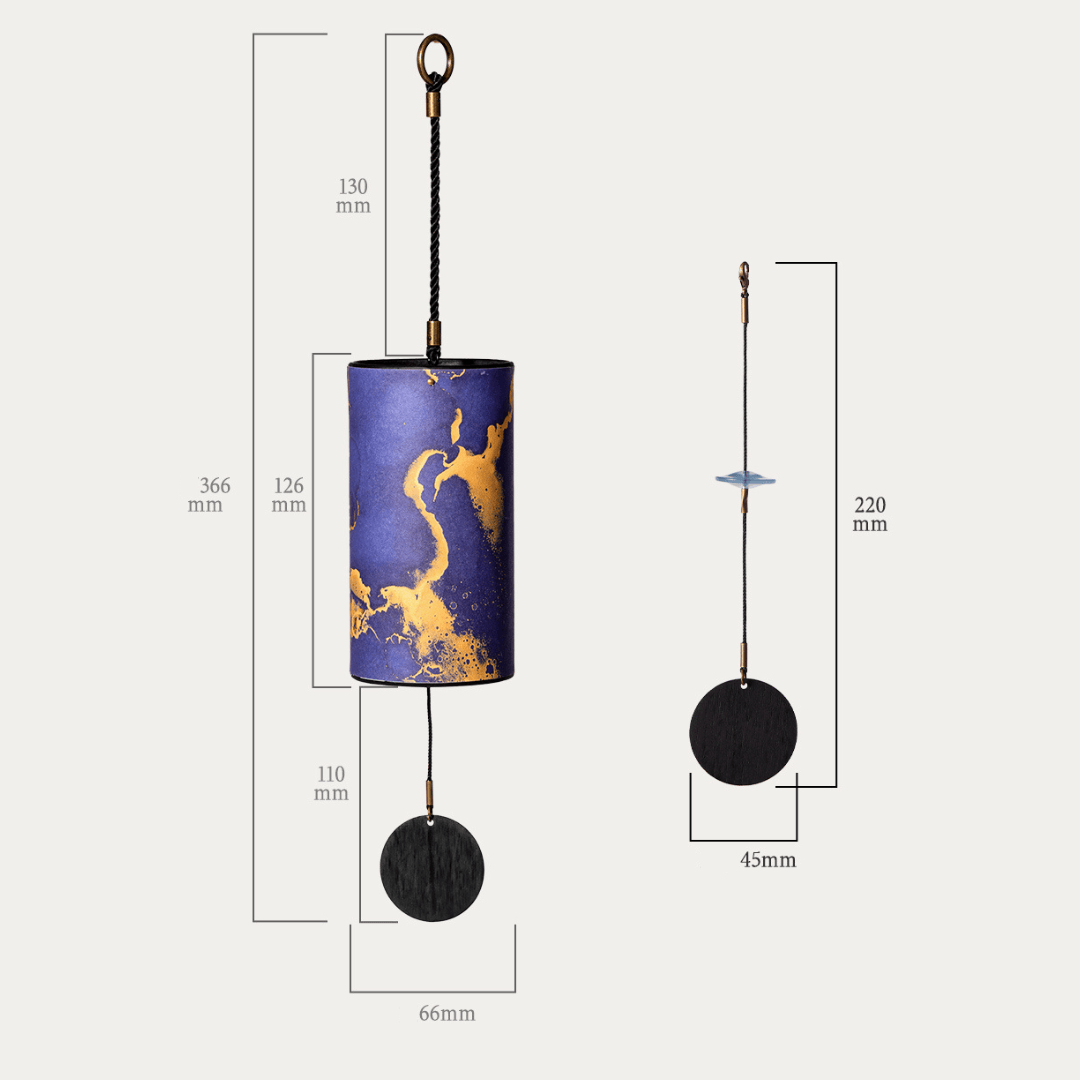 Blue and gold decorative wind chime with dimensions, featuring calming design for home or garden