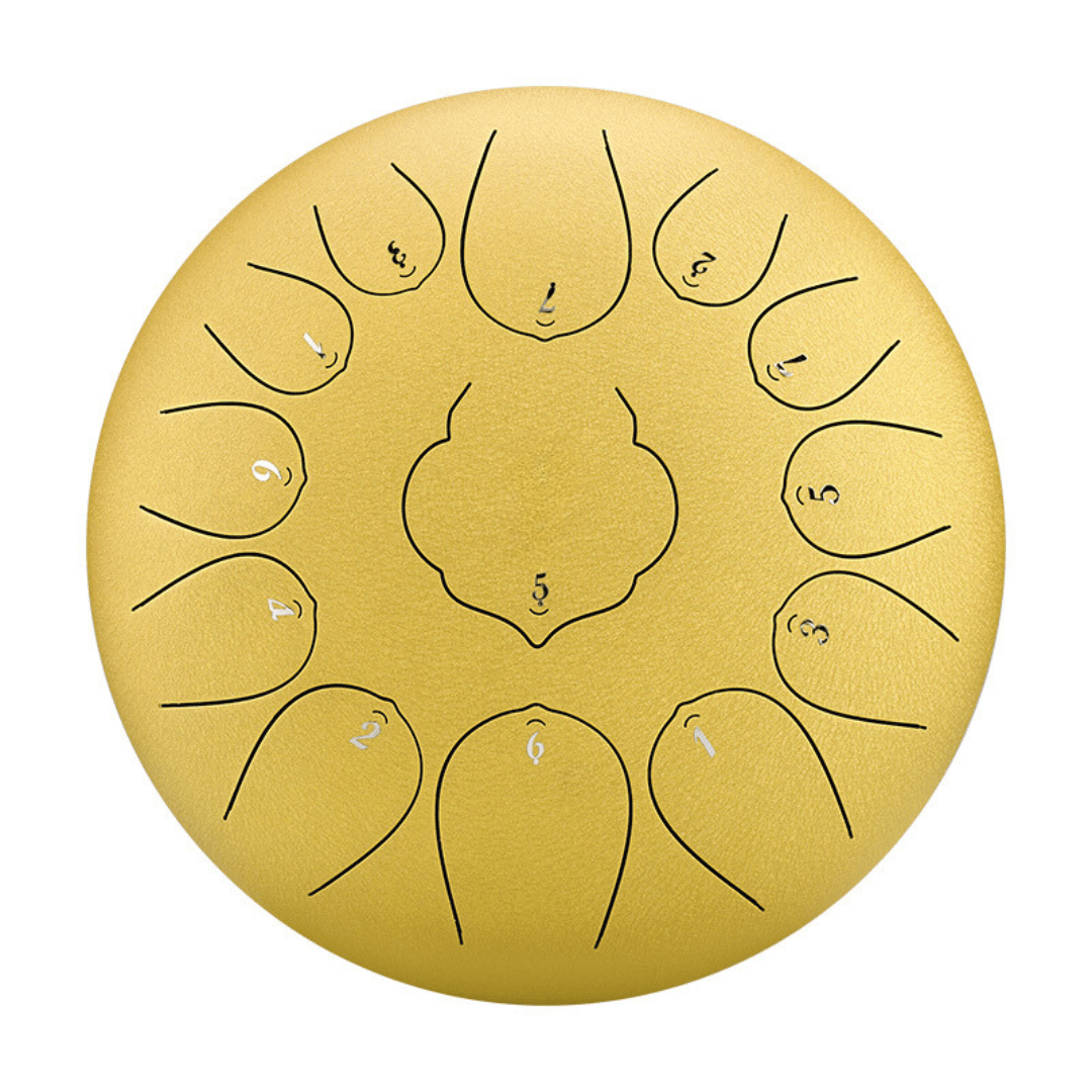 Golden handpan drum with numbered tone fields, ideal for meditation and healing sound therapy