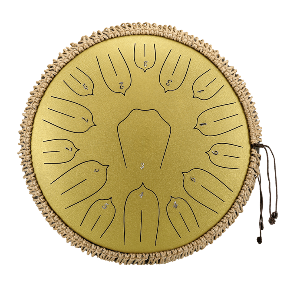 Golden tongue drum with bird-shaped notes and woven edge, healing musical instrument