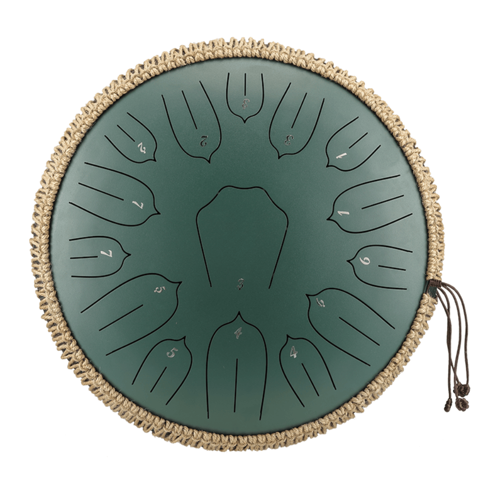 Green handpan with bird-shaped notes and woven edge, healing musical instrument for peace and creativity