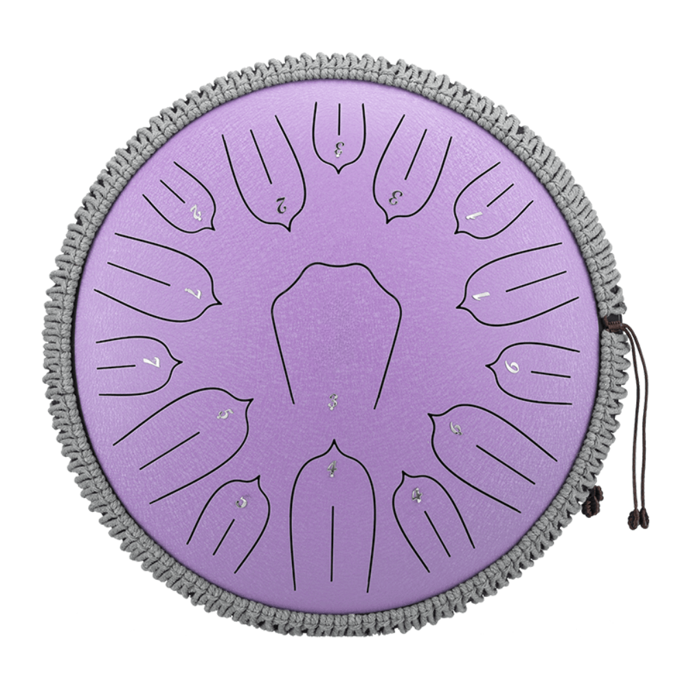 Purple handpan with numbered tone fields and grey macrame edge, healing musical instrument