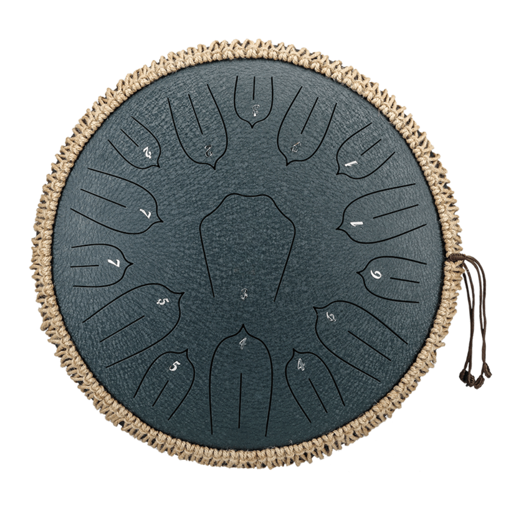 Dark grey tongue drum with bird-shaped notes and woven edge, ideal for healing sound meditation