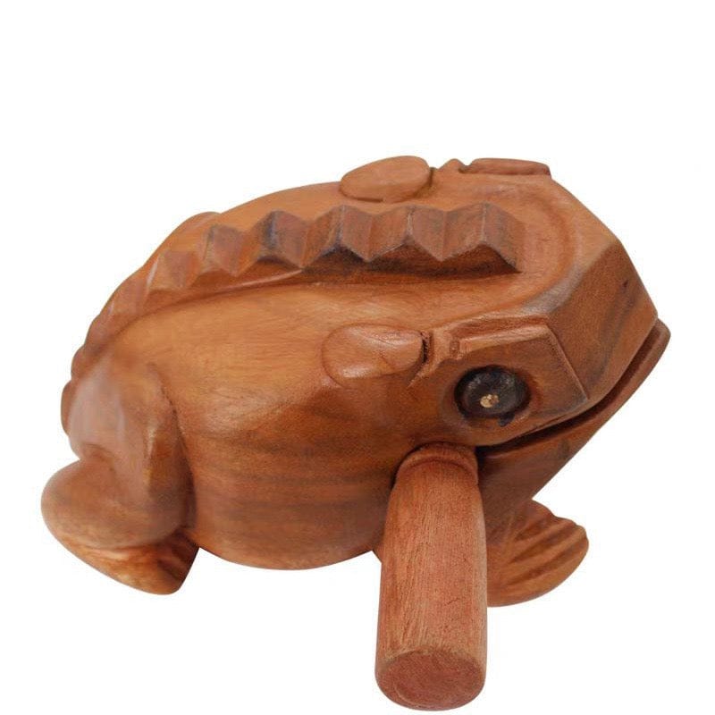 Hand-carved wooden frog guiro percussion instrument with ridged back and mallet