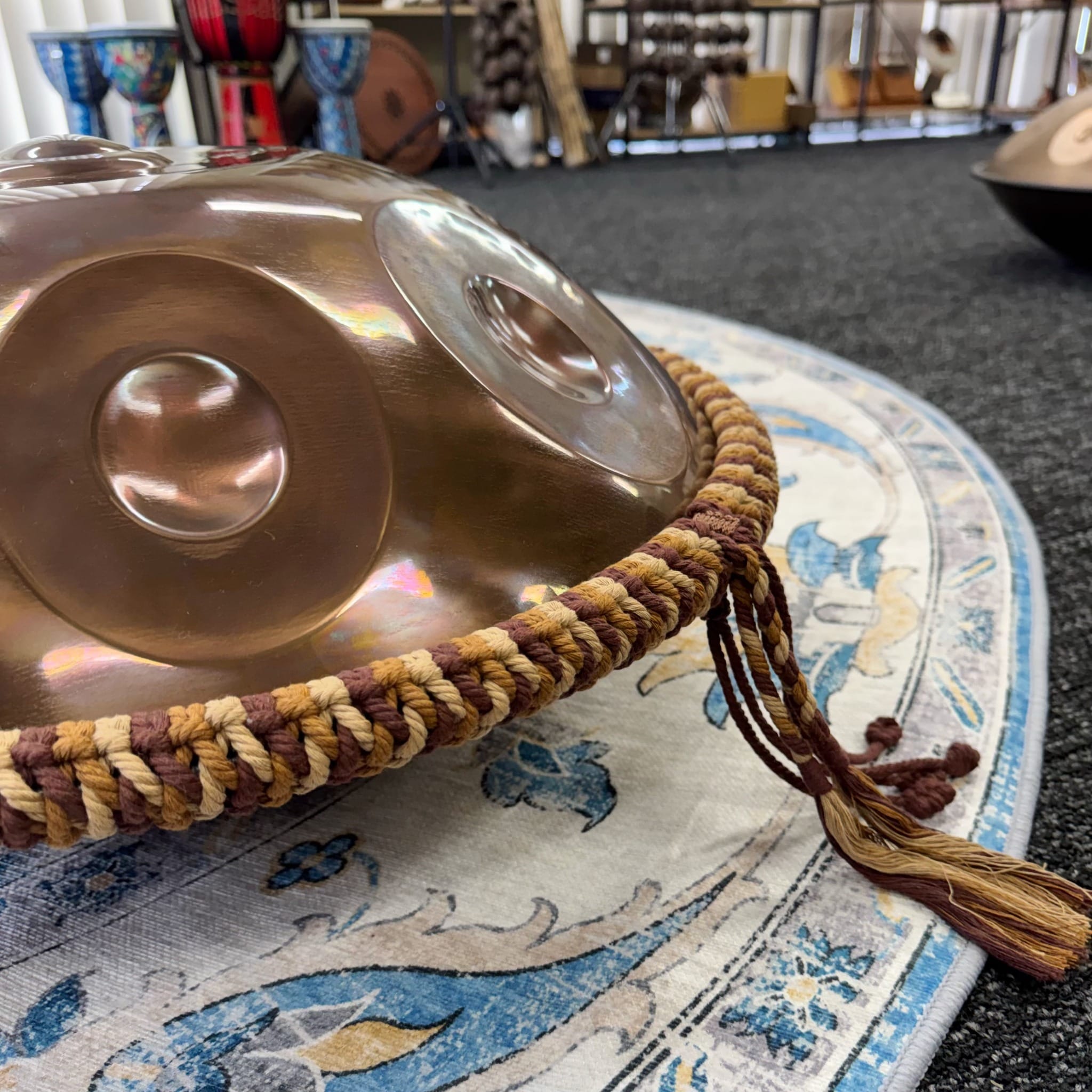 Harvest handpan rim braid with adjustable ties and decorative tassel