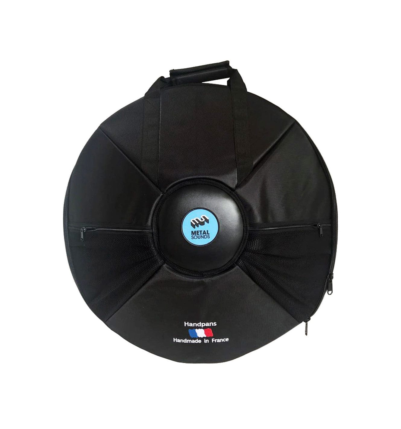 Black handpan carrying case with Metal Sounds logo, handmade in France, for portable musical instrument protection.