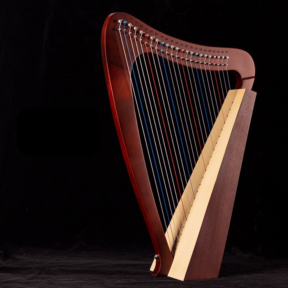 Wooden lyre harp with colorful strings, perfect for healing music and relaxation