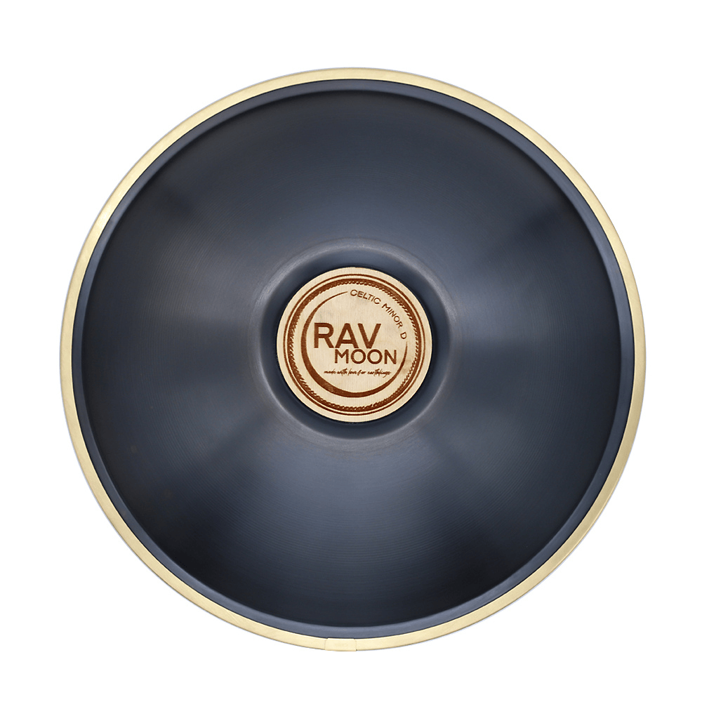 RAV Moon F#m-A Ariumi steel tongue drum with accessories shown.