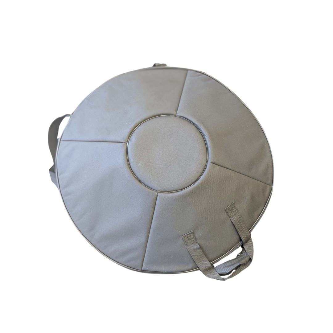 Gray circular padded bag with handles for handpan or tongue drum transport and protection