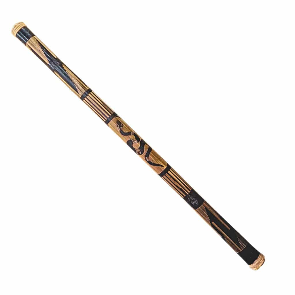 Handcrafted bamboo flute with black and gold wave patterns, ideal for meditation and healing music