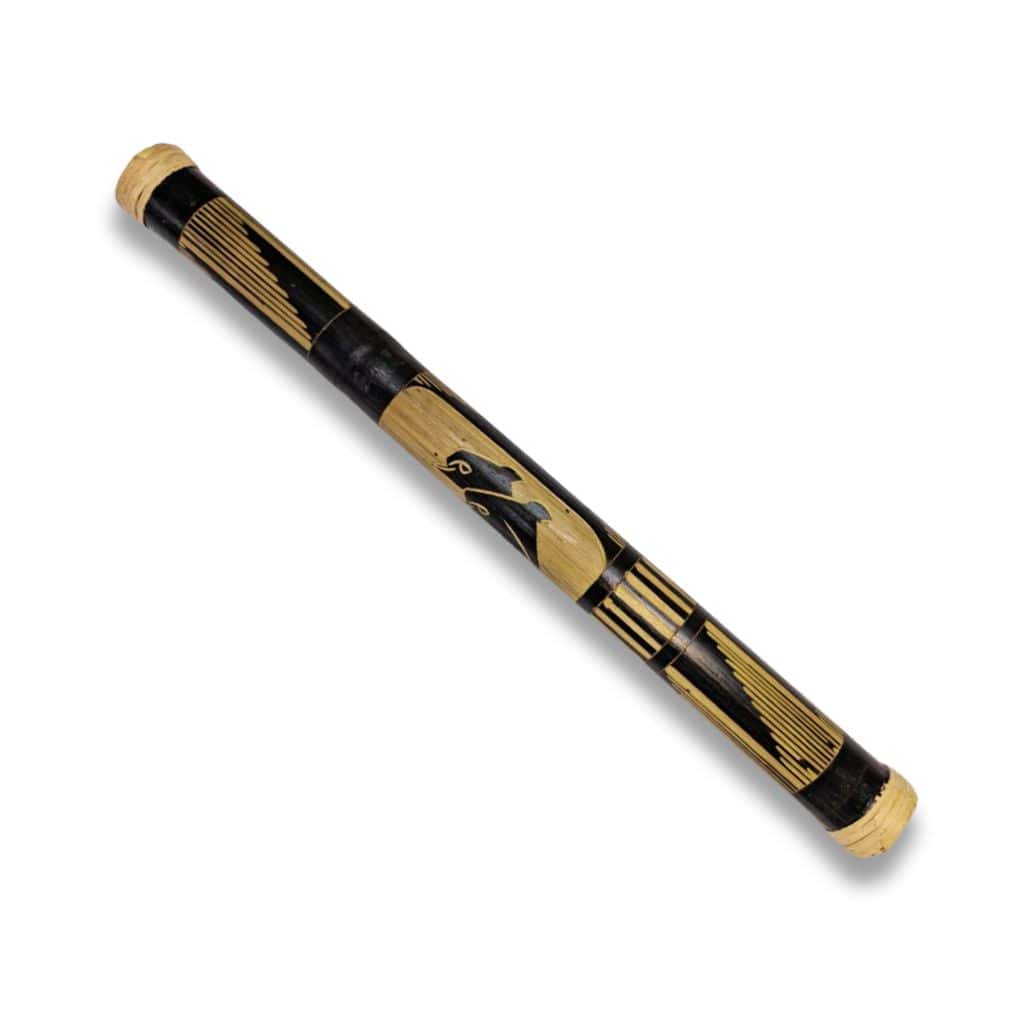 Handcrafted bamboo flute with black and gold design, ideal for meditation and healing music