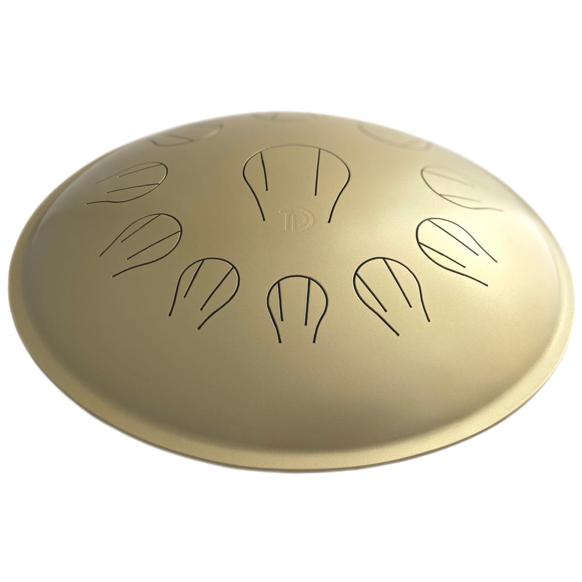 Golden handpan with leaf-shaped tone fields, healing musical instrument for peace and creativity