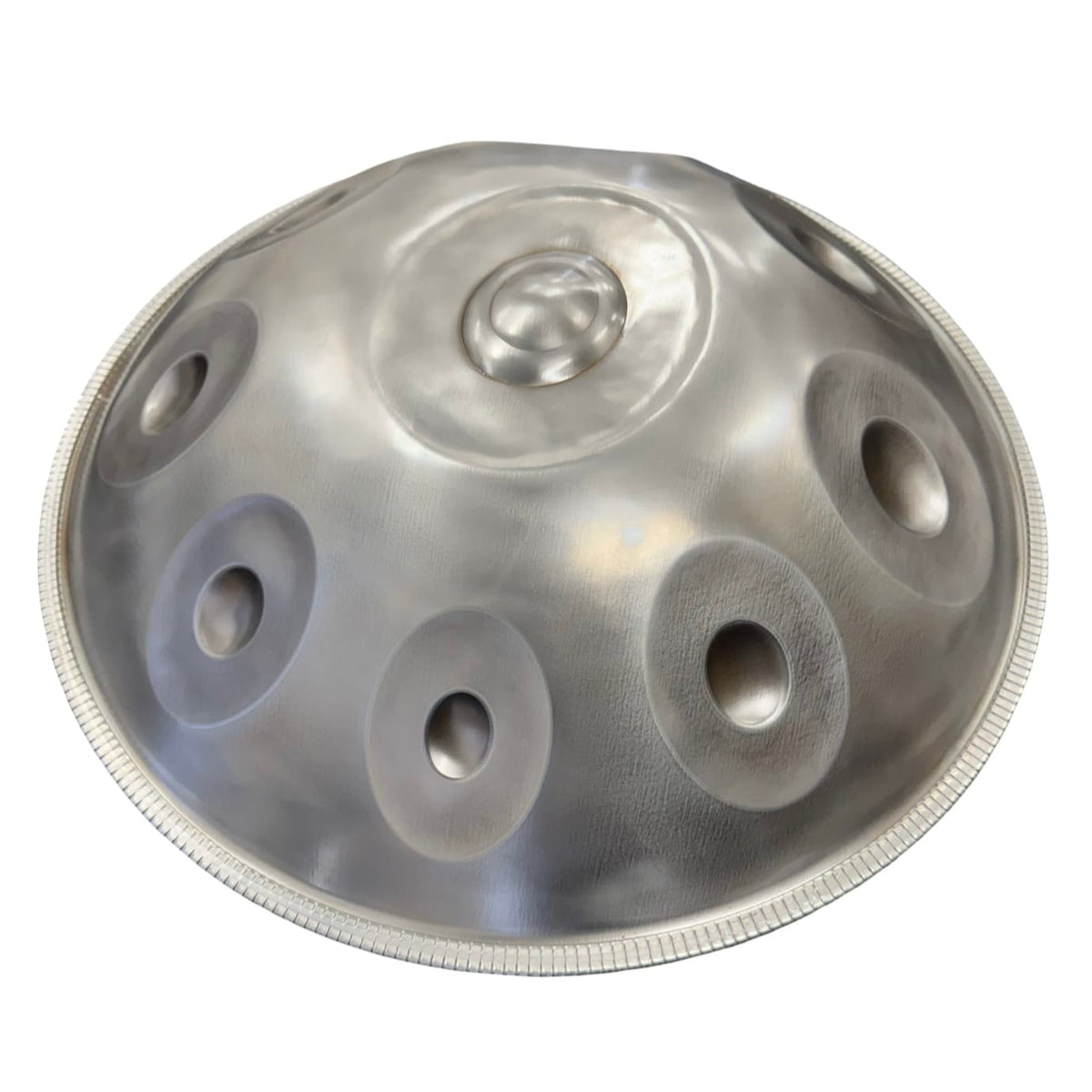 YULA 9-note D Kurd handpan in Silver, angled view