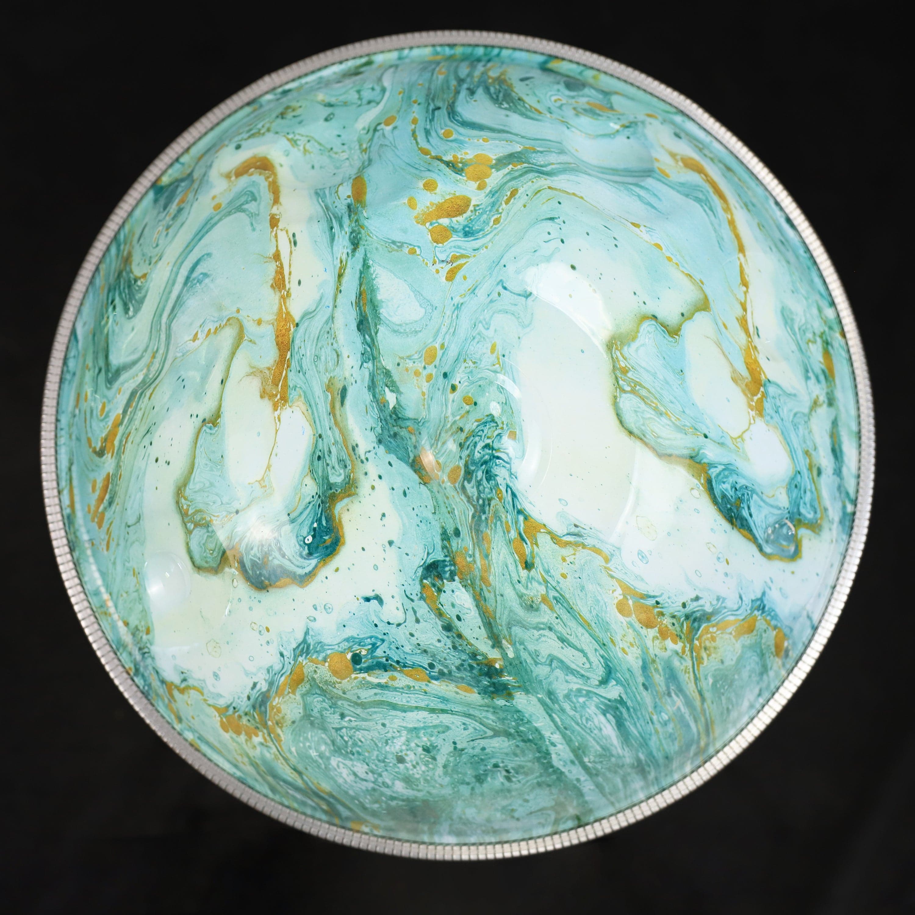 Handpan with turquoise and gold marbled finish, healing musical instrument for meditation and relaxation